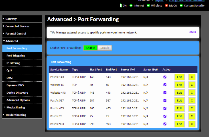 Port Forwarding Rules Page on the Router